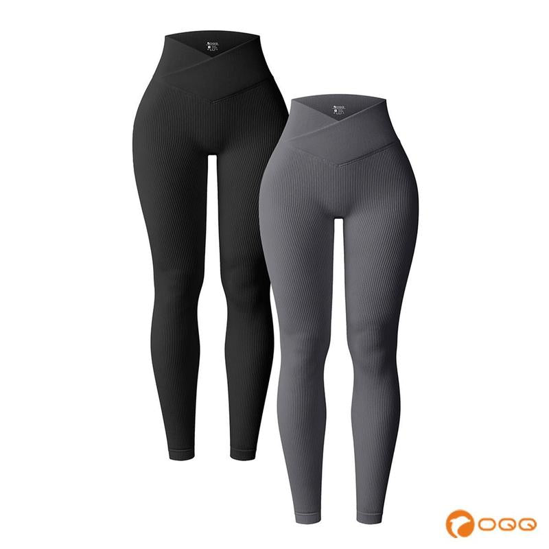 OQQ Women'S 2 Piece High Waist Leggings Cross over Yoga Ribbed Seamless Workout Athletic Exercise Leggings Tight Fitting Pants Gym Outfits