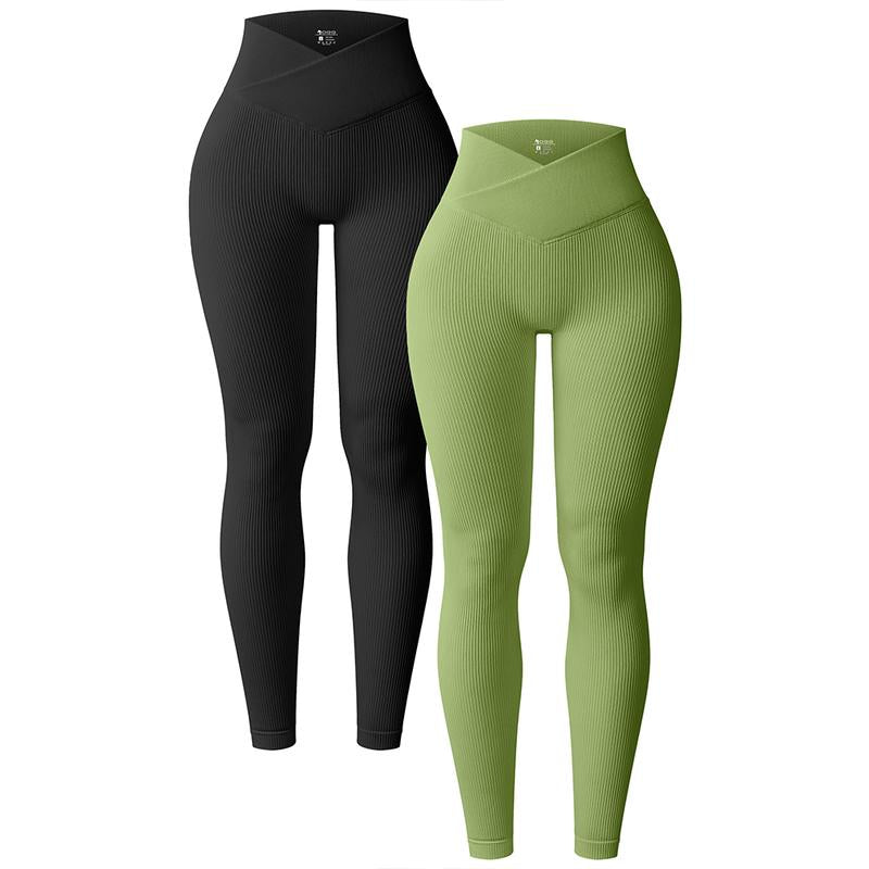 OQQ Women'S 2 Piece High Waist Leggings Cross over Yoga Ribbed Seamless Workout Athletic Exercise Leggings Tight Fitting Pants Gym Outfits