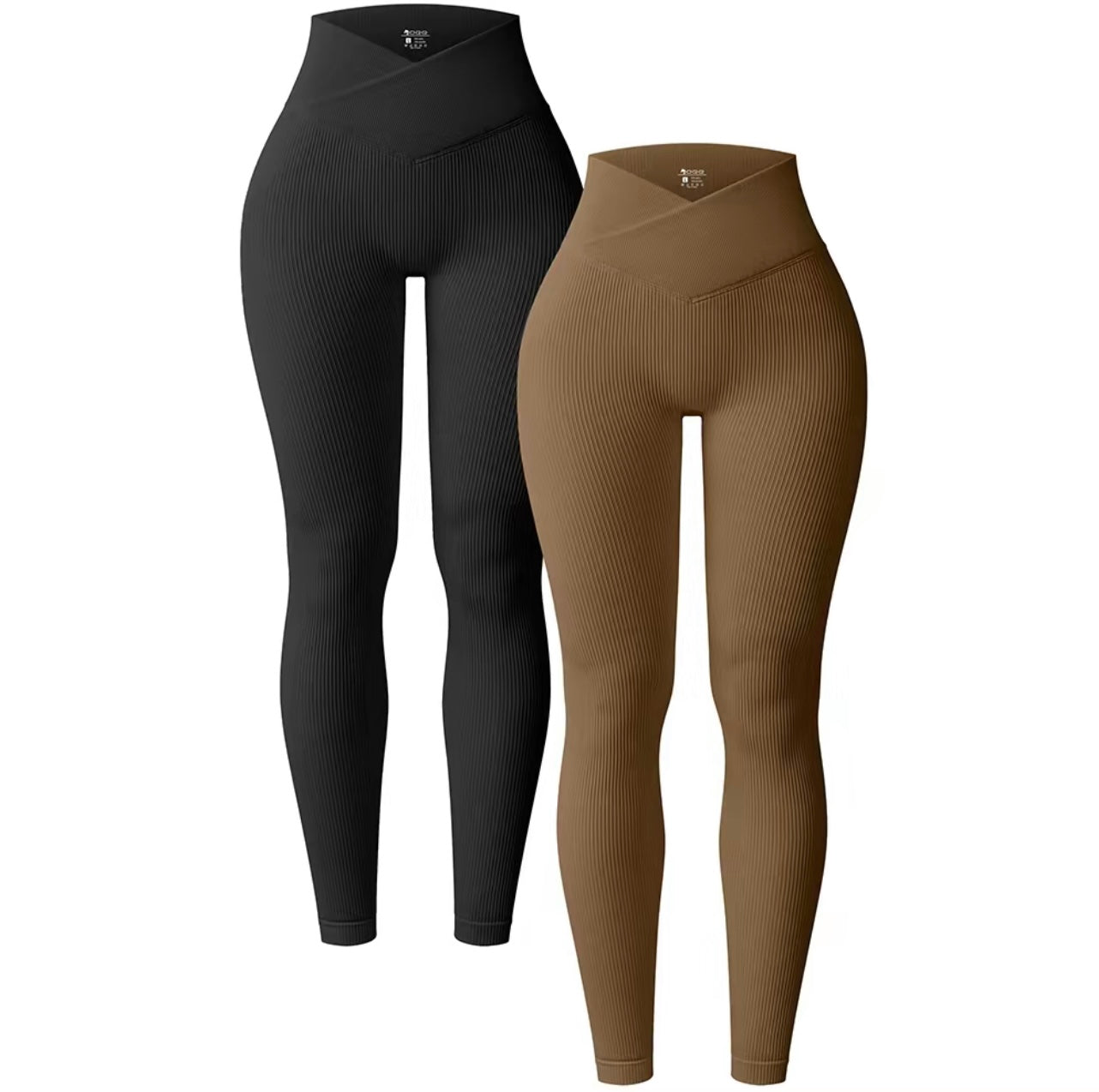 OQQ Women'S 2 Piece High Waist Leggings Cross over Yoga Ribbed Seamless Workout Athletic Exercise Leggings Tight Fitting Pants Gym Outfits