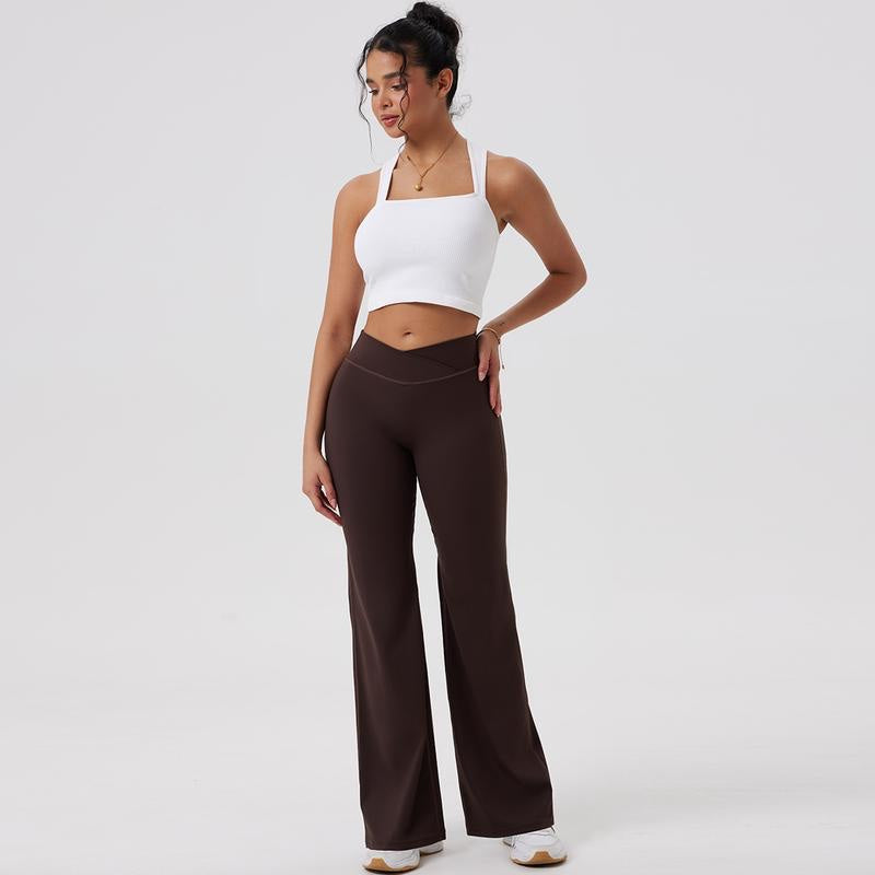 OQQ Women'S High Waist Crossover Flare Pants V Back Seam Comfortable Fit Yoga Pants Vacation Outfits Bottoms Basic Minimalist Casual Trouser Leggings
