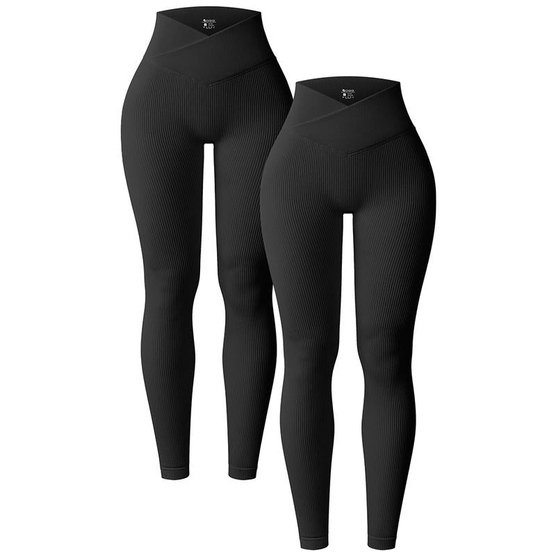 OQQ Women'S 2 Piece High Waist Leggings Cross over Yoga Ribbed Seamless Workout Athletic Exercise Leggings Tight Fitting Pants Gym Outfits